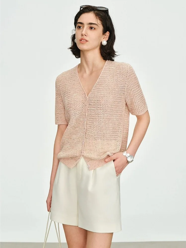 

2025 Summer New! Women's Color - changing Feather - scale Shirt, Compo - leine Linen Sequin Loose V - neck Short - sleeve Knit C