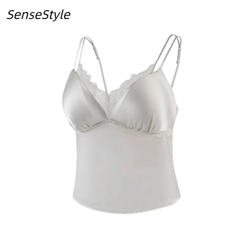 Mulberry Silk Lace Satin Camisole Women Elegant Sexy Adjustable Shoulder Straps 93%Silk Tops