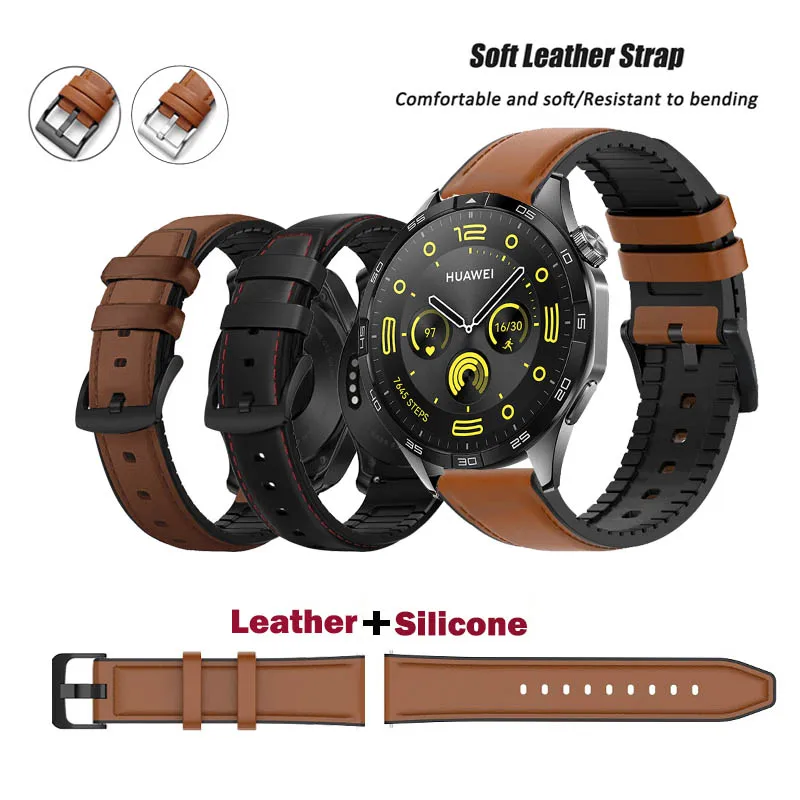 

20 22mm Quick Pins Strap Genuine Leather Silicone Band for Huawei Watch GT6 GT-6-5-4-3-2-2e / GT6 Pro 46mm/GT3 SE