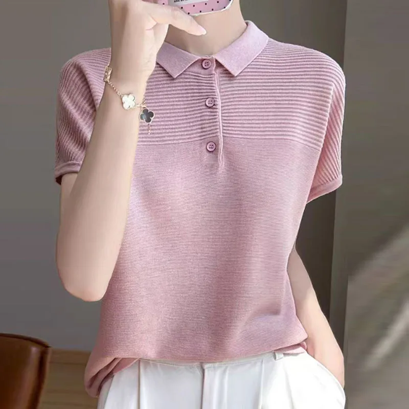 

New Summer Short Sleeve Knitted Sweater Women Pullovers Turn Down Collar Knit Sweater Pullover Women Tops Sueter Feminino Q4852