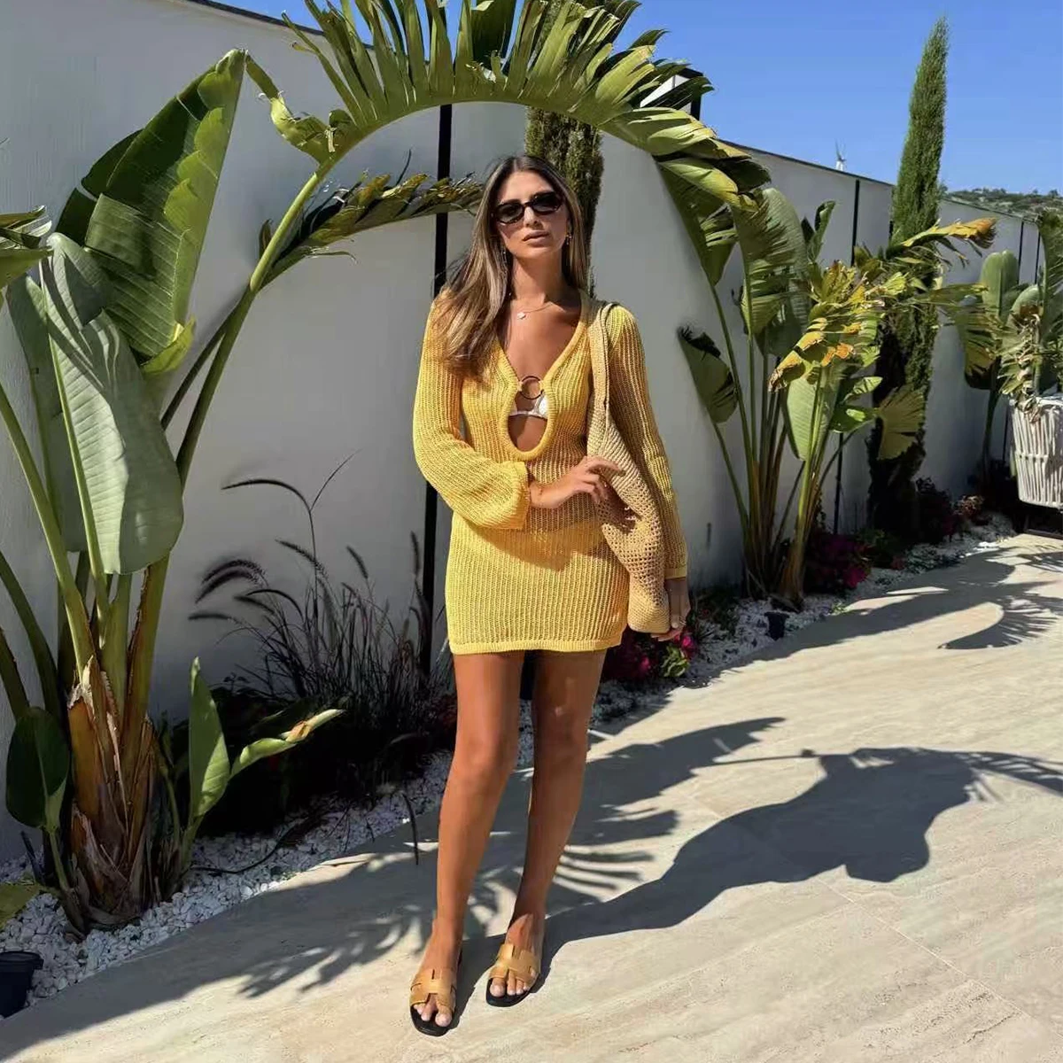 Women's Casual Knit Short Dress, Long Sleeve Hollow Out Texture Beach Cover-Up Dress, Plain Fitted Design, Perfect for Summer