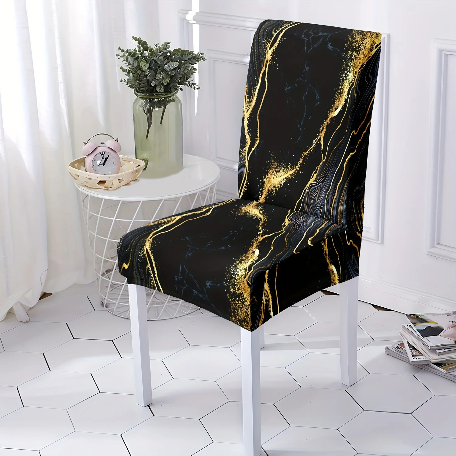 2/4/6pcs Golden Ink Flow Abstract Marble Print Dining Chair Slipcover, Washable Stretch Furniture Cover for Kitchen Home Decor
