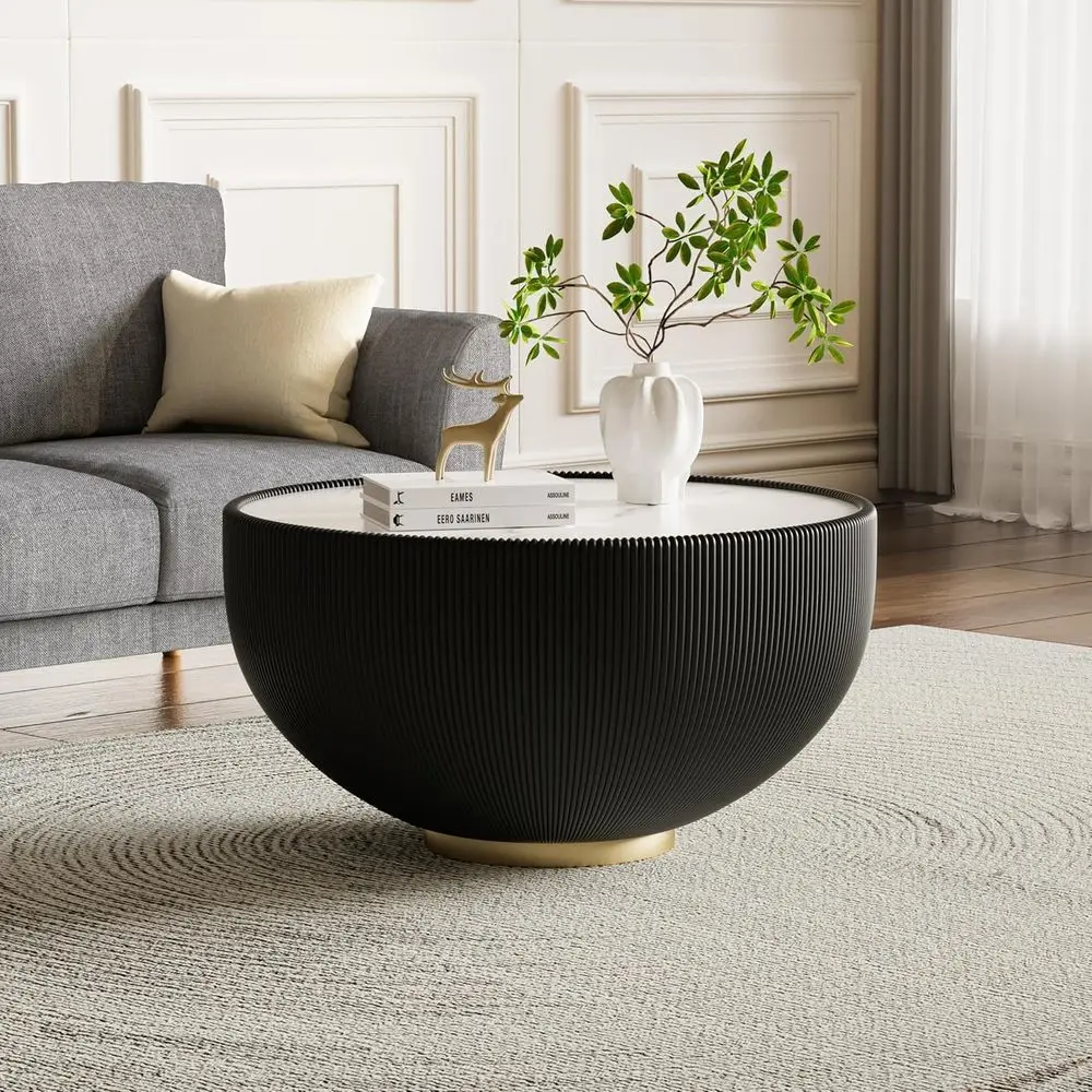 

Sintered Stone Top Drum Coffee Table, 27.56 Diameter, PU Leather & Metal Base for Living Room