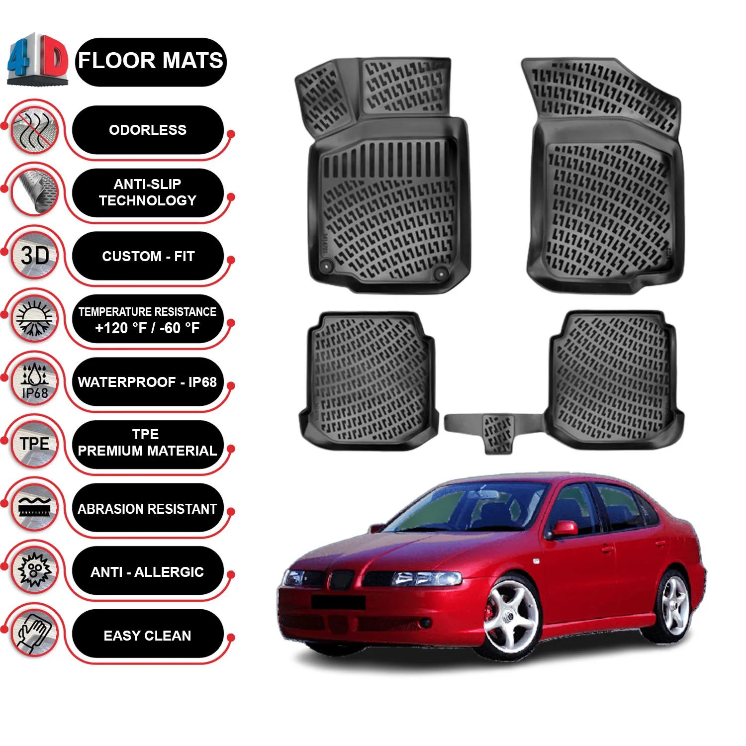 Seat Toledo - (1998-2004) Floor Mats Liner Waterproof 3D - (Black)