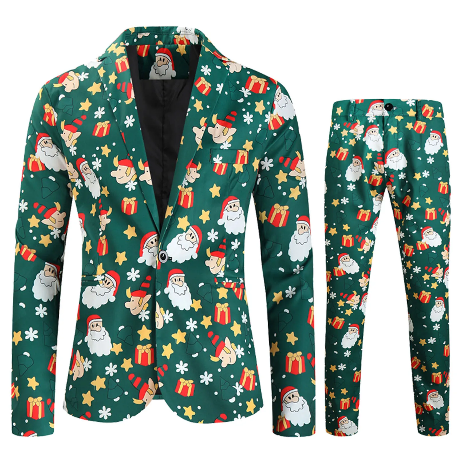 2024 Men\'s Suits Set Cute Cartton Christmas Trees Snowfalk Elk Santa Claus Print Trousers Set One Button Blazer Jacket+Pant Sets