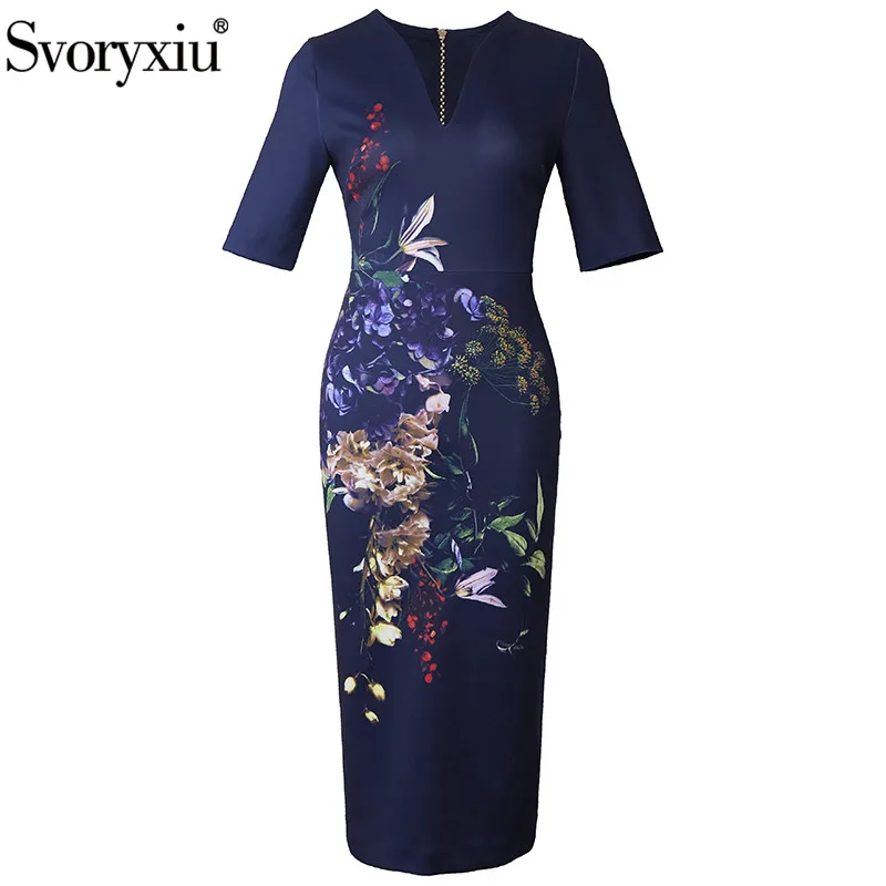 Svoryxiu Designer Fashion Summer V-Neck Dress Women's Short Sleeve Vintage Flower Print Package Buttocks Midi Dresses XXL