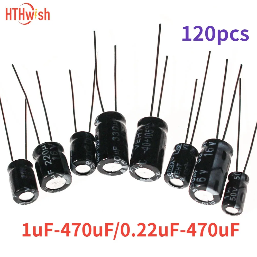 

120 шт./лот, 0,22 мкФ ~ 470 мкФ, 12 значений, набор алюминиевых электролитических конденсаторов, набор электролитических конденсаторов 16 В-50 В