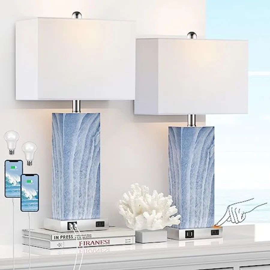 Touch Control Table Lamps with White Fabric Shade Set of 2 3-Way Dimmable Modern Ceramic Blue Nightstand Bedside Lamp with 2 US