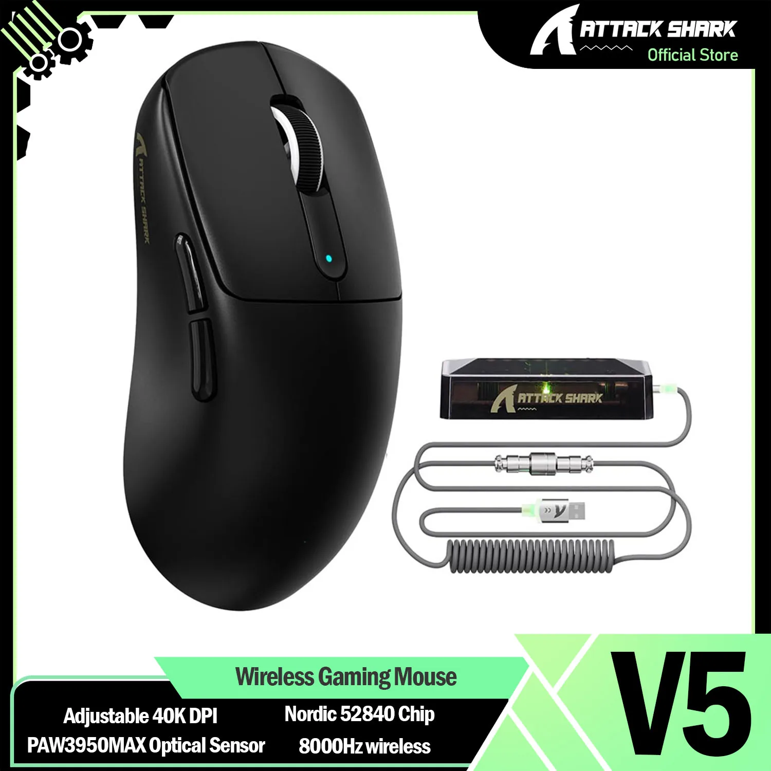 ATTACK SHARK V5 Wireless Gaming Mouse 55g Ultra-Lightweight PAW3950MAX 42K DPI Sensor 8000Hz Polling Rate Tri-Mode