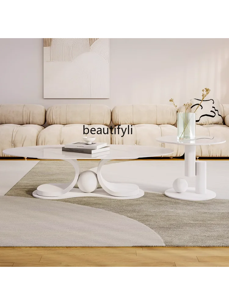 Cream Style Tea Table Combination Simple Modern Nordic Designer Special-Shaped Light Luxury Stone Plate Tea Table Silent Style