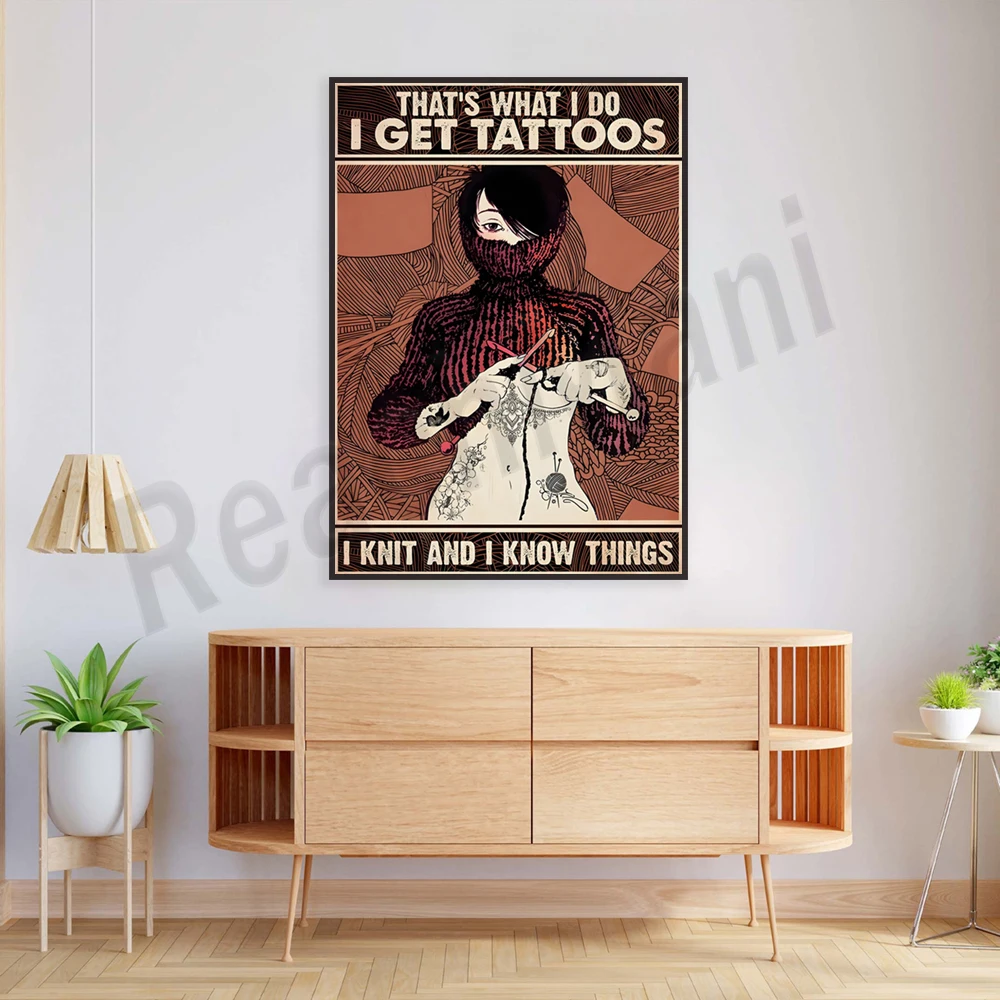 knit tattoo girl art, i have tattoos, i knit, things i know, knit vintage poster, knit gift ideas, knit body canvas home decor