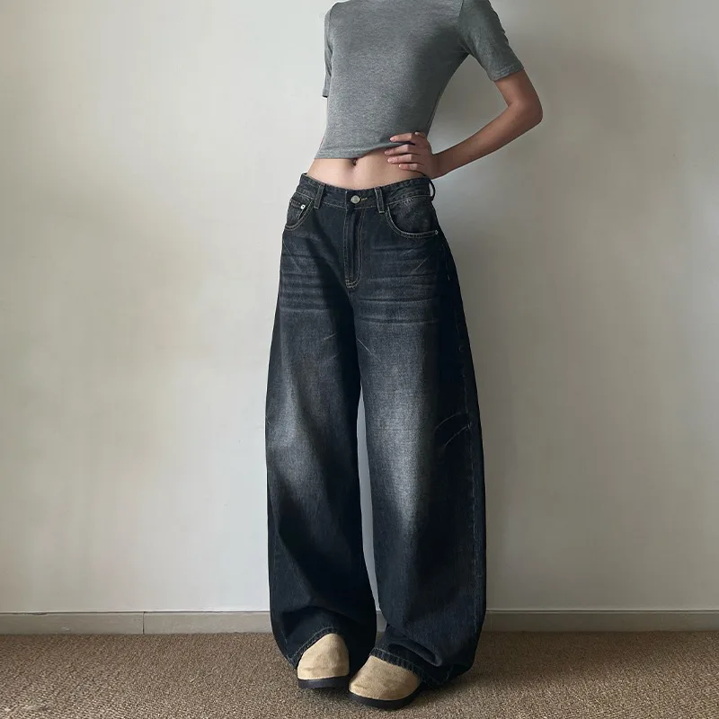 

Women's Y2K Streetwear Curved Jeans 2026 New Vintage Lightning Crack Wash Loose Wide Leg Casual Daily Denim Trousers