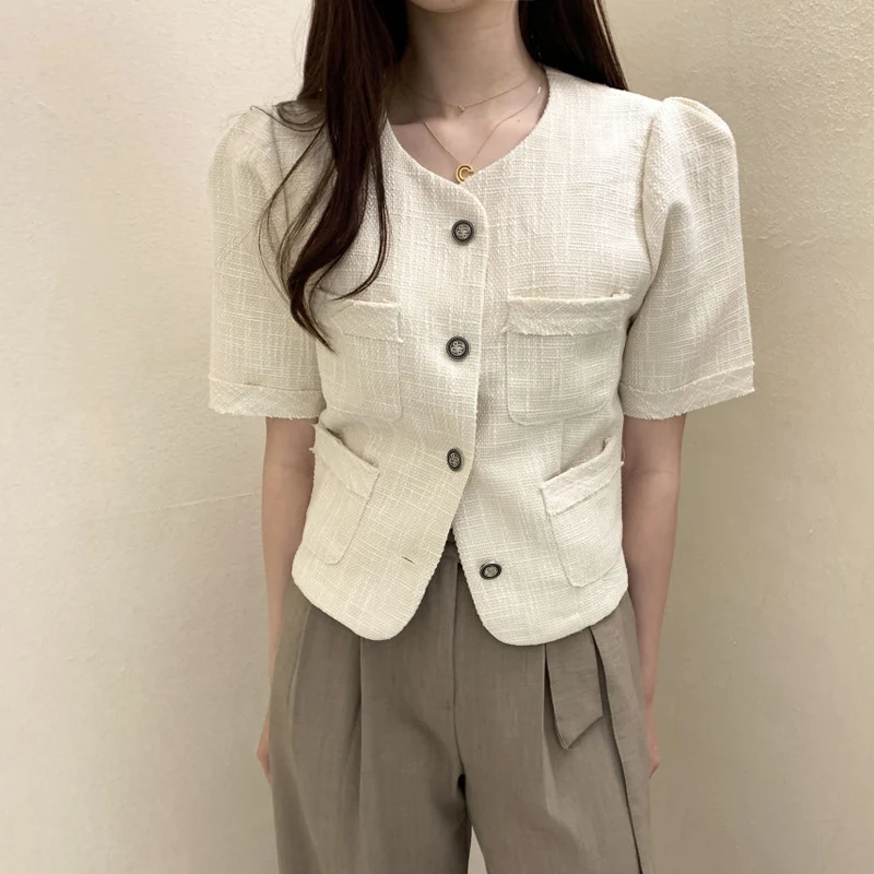 Women's Summer O Neck Short Sleeve Tweed Jacket Lady Elegant Solid Color Pockets Puff Sleeve Short Outwear Top
