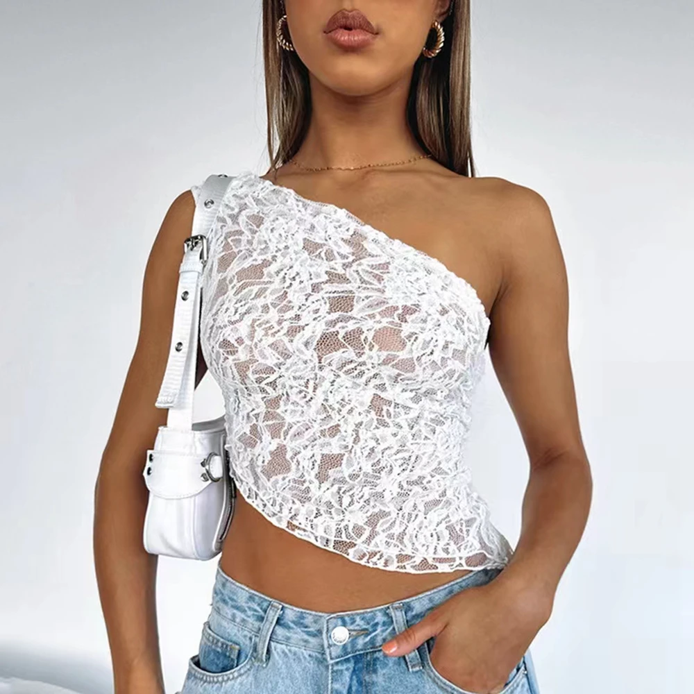 Summer New Fashionable Solid Color Amazon Lace Open Waist Asymmetric Slant Neck Luxury Top for Women