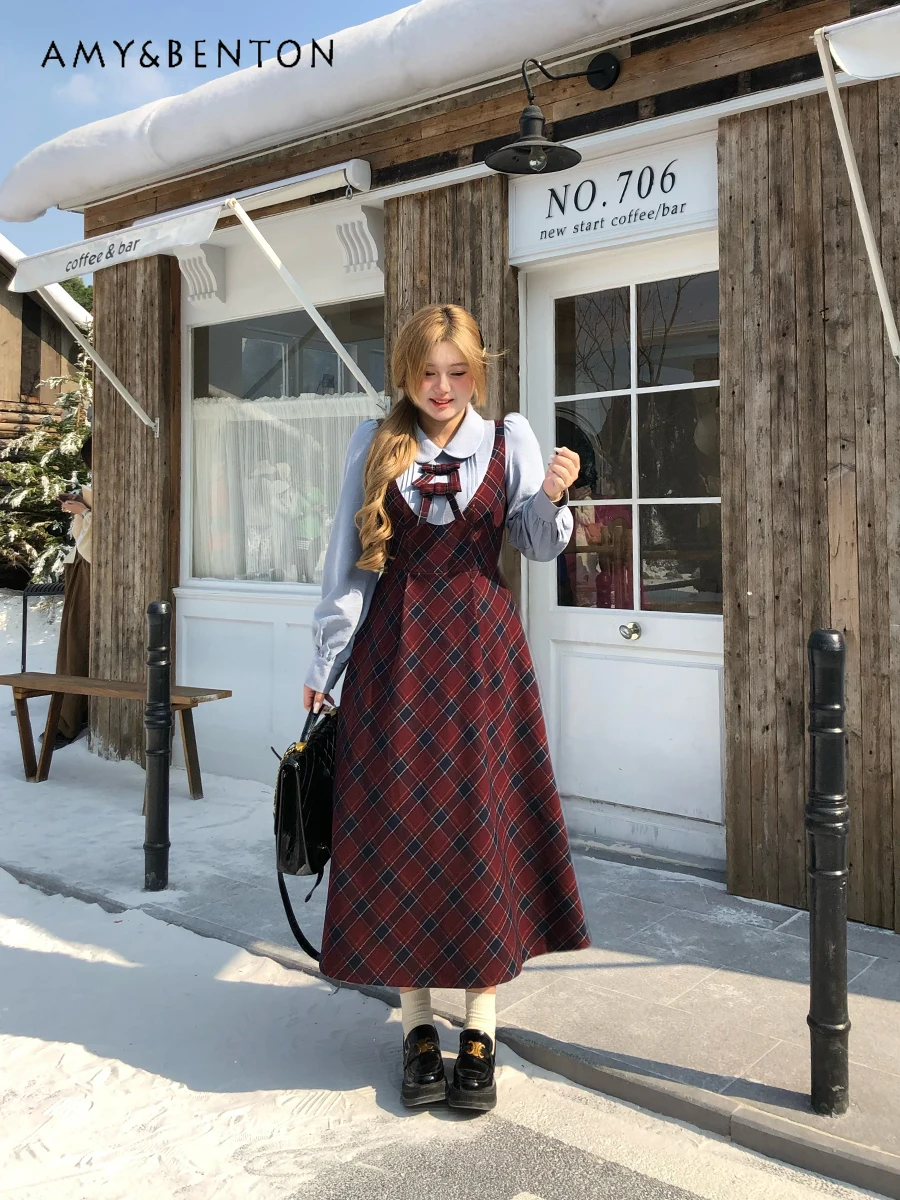 

Spring and Autumn New Hot Sale Women's Plus Size Red Plaid Fake Two-Piece Turn-Down Collar Long Sleeve Waist-Cinching Dress