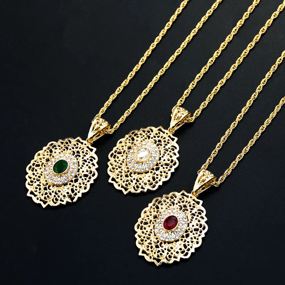 Sunspicems Chic Ethnic Style Hollow Pendant Necklace For Women Gold Color Arabic Festival Jewelry Rhinestones Beach Bijoux