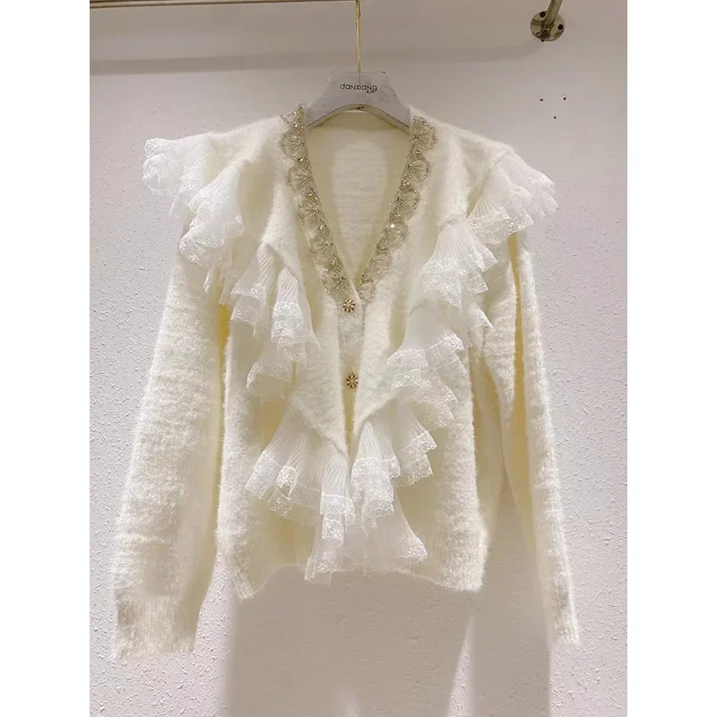 Women V-neck Lace Stitching Ruffles Knitted Fuzzy Cardigans Rhinestone Beaded Mink Cashmere Sweater Coat Pearls Mohair Crop Tops