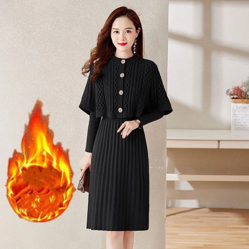 Retro Knitted Suit Women's 2023 New Spring Autumn Fashion Cloak Shawl Underwear Medium Length Woolen Dress Two Piece Set