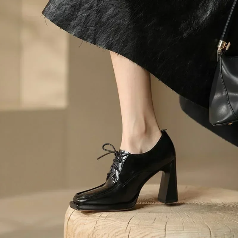 2023 Autumn New Thick High Heels Shoes Square   Pumps Party Dress Elegant Handmade Footwear  Mary Jane Shoes  Heels Women