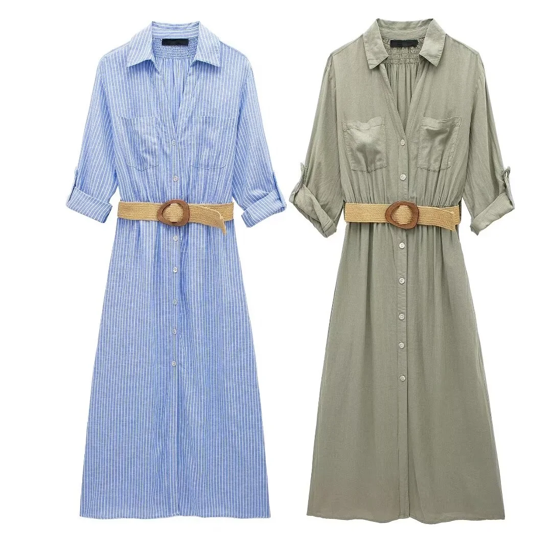 Tangada 2024 Summer Women Cotton Linen Loose Dress With Belt Long Sleeve Causal Ladies Midi Dress 3h0292