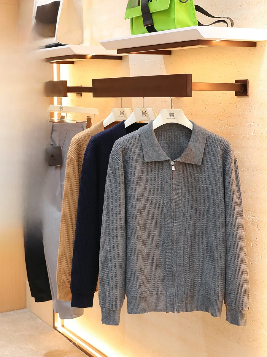 

Мужской плотный кардиган из шелково-шерстяной смеси, вязаный, зимний, повседневный, с длинными рукавами, мягкий, удобный, с вафельным узором