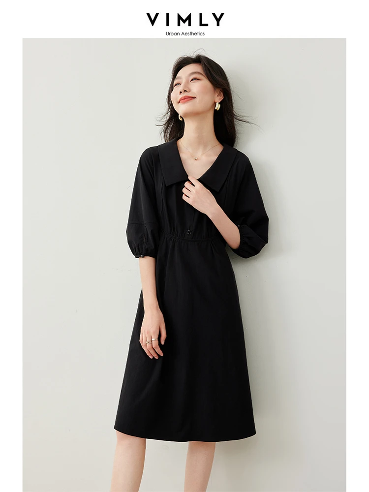 Vimly French Style Straight Loose Side Lace-up Black Dress Women 2024 Spring Lapel Lantern Sleeve Casual Pullover Dresses 30091