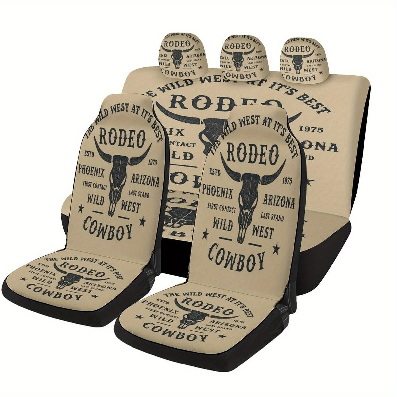 

Wild West Rodeo Cowboy Car Seat Covers - Stylish Black & White Western Design With Bull Skull & "Rodeo" Text, Durable Polyester,
