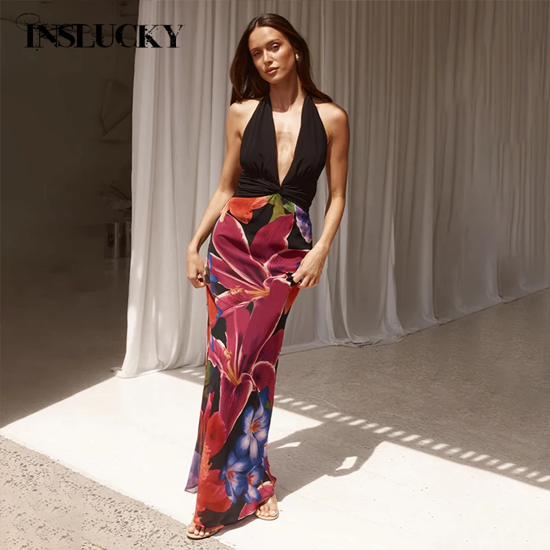 

InsLucky Sexy Backless Halter Maxi Dress Women Elegant Holiday Beach Long Dresses Flowers Print Patchwork Dresses Sexy Female