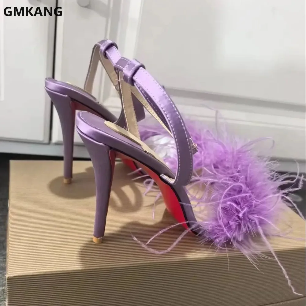 GMKANG Women's Furry Sandals Peep Toe High Heels Buckle Strap Red Sole Slippers Glamorous Feather Trim Comfortable view 5