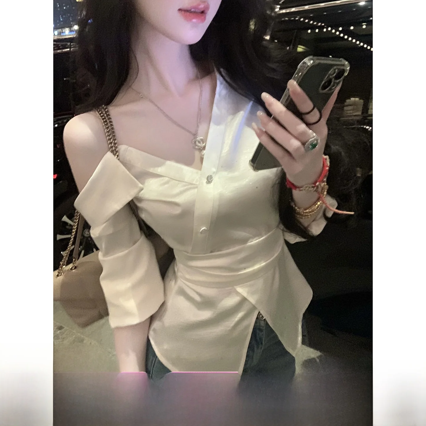 

Syqiao Spring Summer Long Sleeve Asymmetrical Shoulder Women's Shirt Elegant Style Pure Color Casual Wear Polyester Fiber