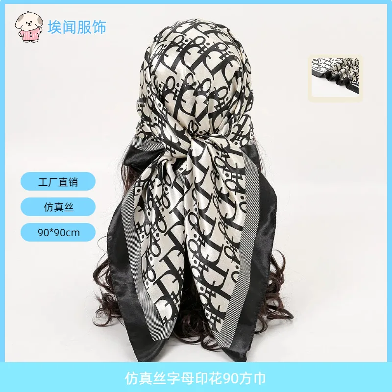 Shopee Hot Sale Faux Silk Letter Print 90cm Square Scarf, Professional Fashion Decorative Bandana Turban Headwrap Factory