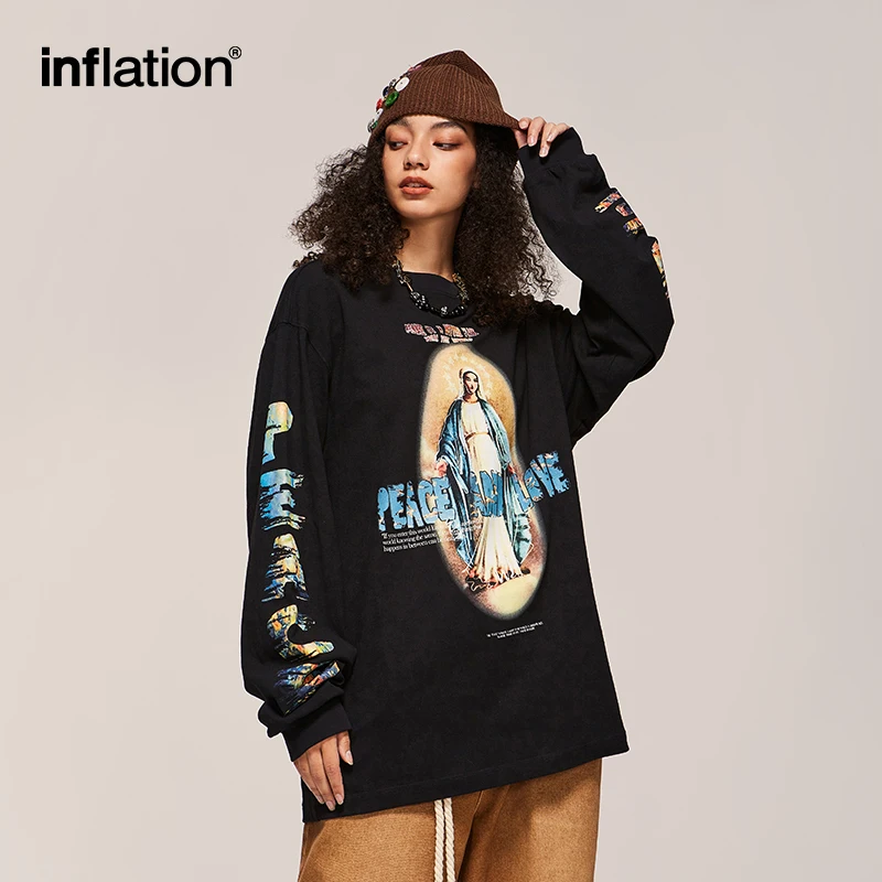 INFLATION Streetwear Oversize T-shirts Men Spring Long Sleeve Tees Unisex High Street Graphic Tops Plus Size 2473S23