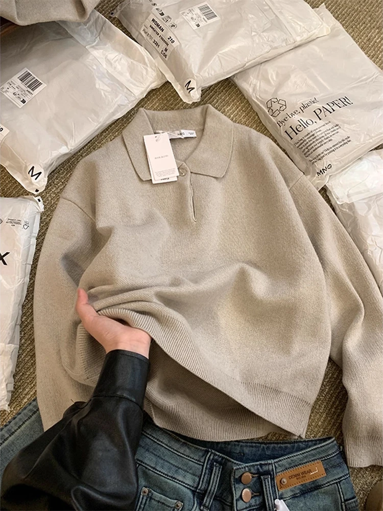 

Мужской повседневный свободный вязаный свитер с воротником в стиле Old Money, бежевый, премиум-класса, из полиэстера и акрила, зимний топ