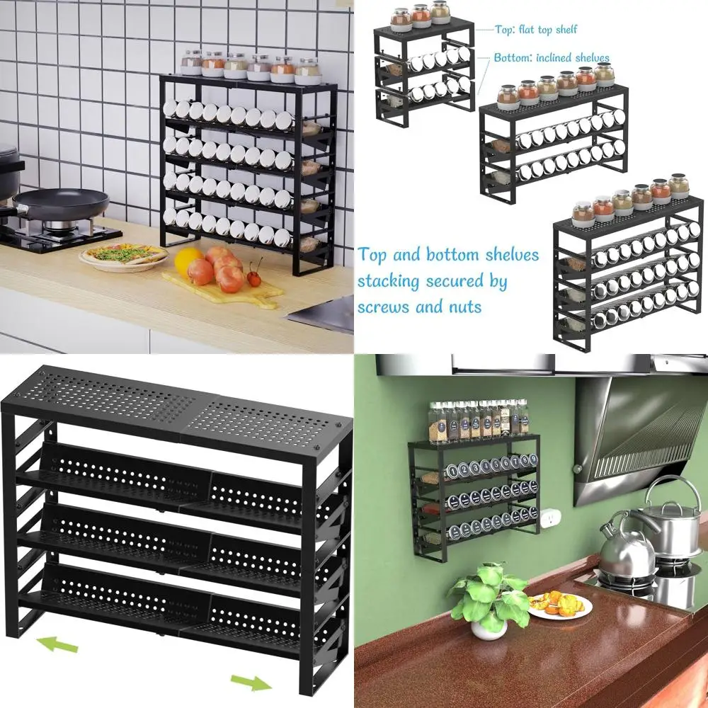 

Многоуровневый металлический органайзер для специй — штабелируемый, регулируемый, настенный для кухонных шкафов, столешниц и кладовой.