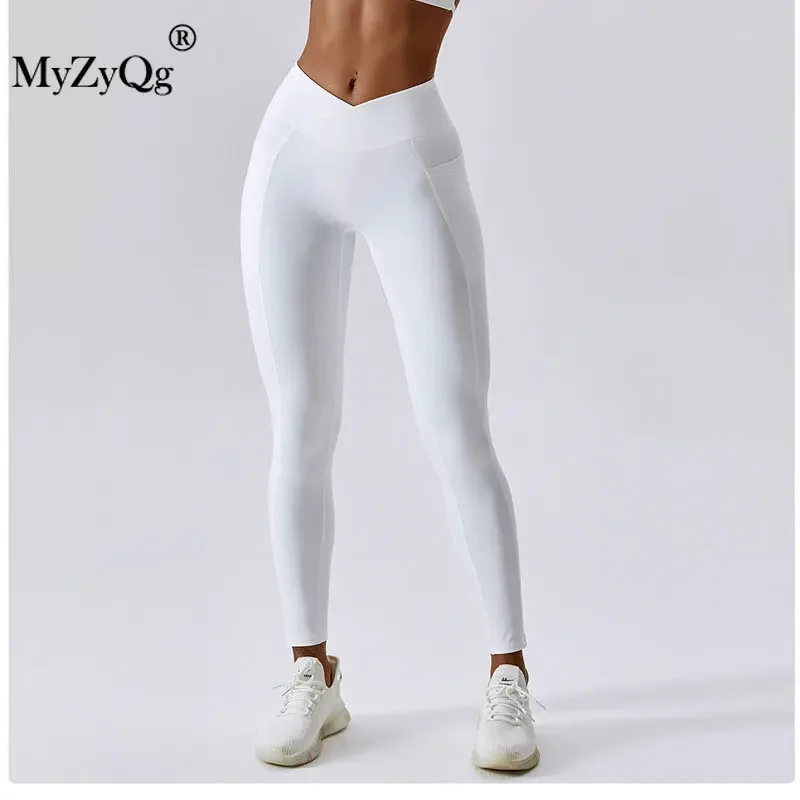 MyZyQg-Leggings de yoga haute résistance pour femme, push-up, hanche, poche, séchage rapide, fitness, taille croisée, serré, course à pied, pantalon