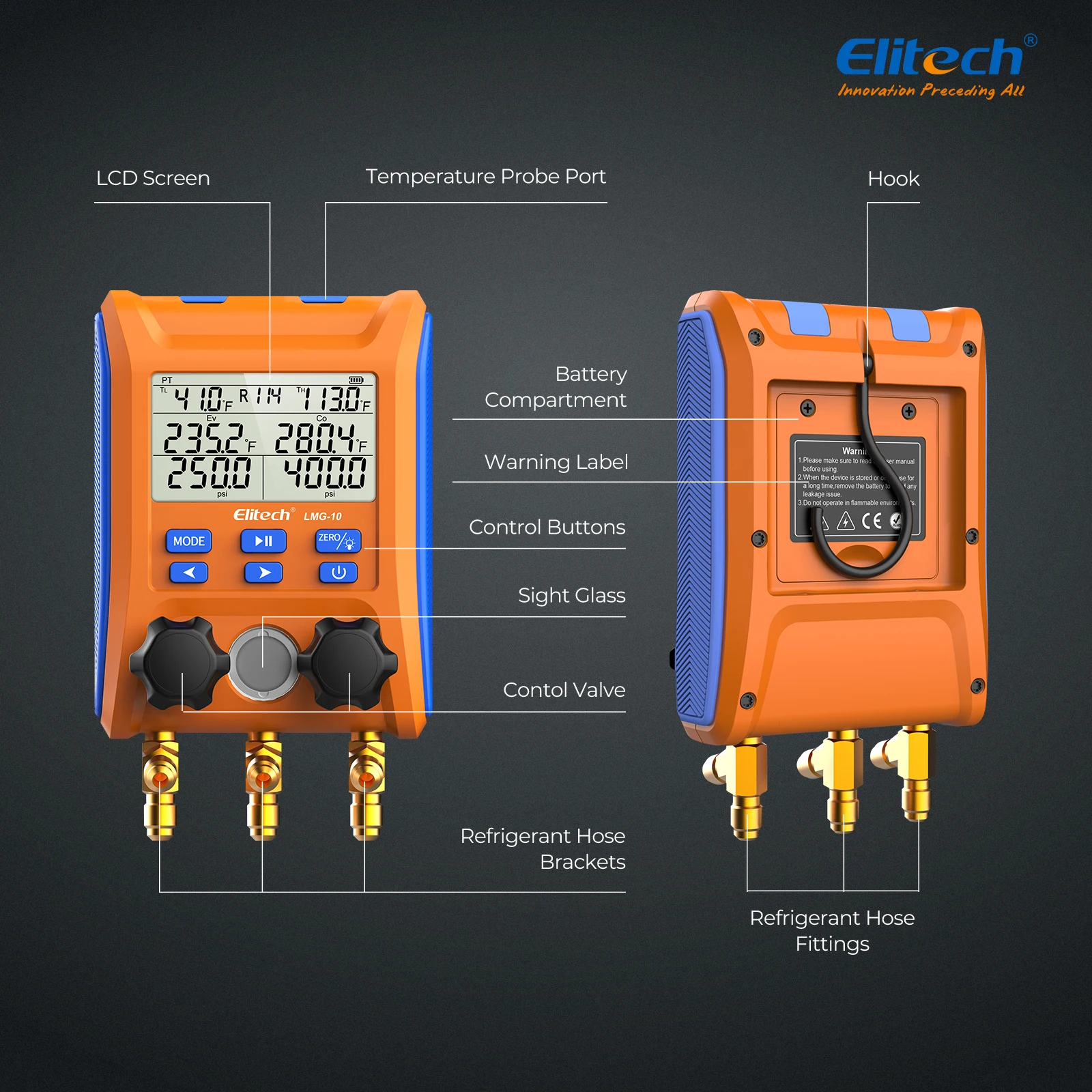 Elitech LMG-10 manometro digitale HVAC manometro AC strumenti valvola a 2 vie con morsetti di temperatura