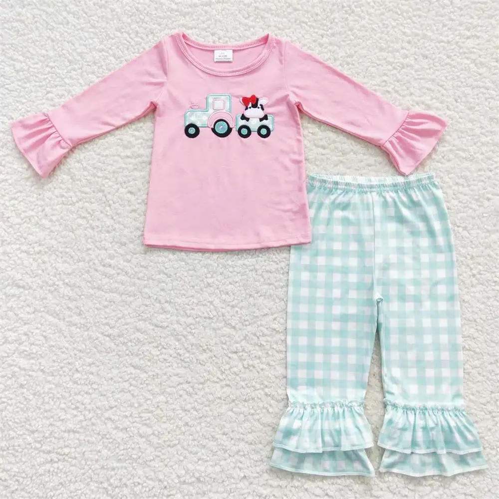 Children Pink Long Sleeve Cotton Embroidery Truck Cow Shirts Sleepwear Plaid Pants Kid Outfit Toddler Pajamas Girl Nightwear Set