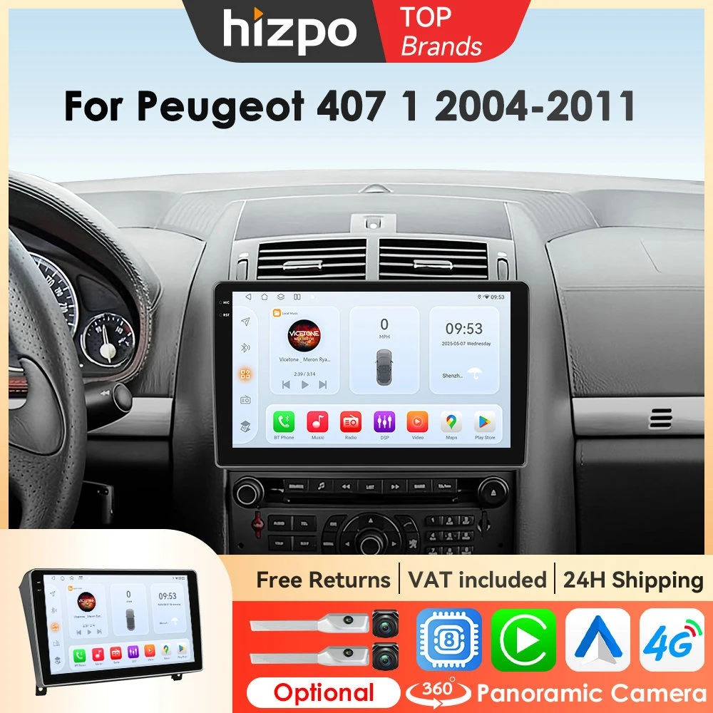 Hizpo Autoradio für Peugeot 407 cc SW 407CC 2004 - 2011 Kabelloses CarPlay Android Auto Kein 2-DIN 2din DVD-Headunit GPS Octa Core