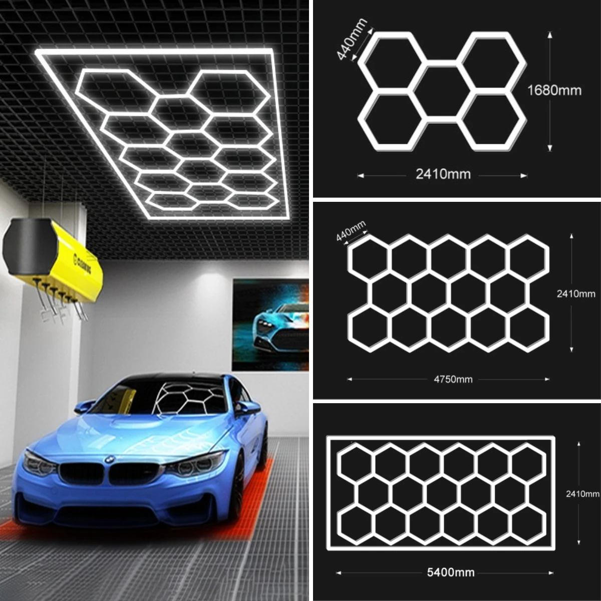 LED Garage Light Hexagon Lamps for Car Wash Repair Workshop Ceiling Wall Decor Gym Office Interior Lighting Honeycomb Chandelier