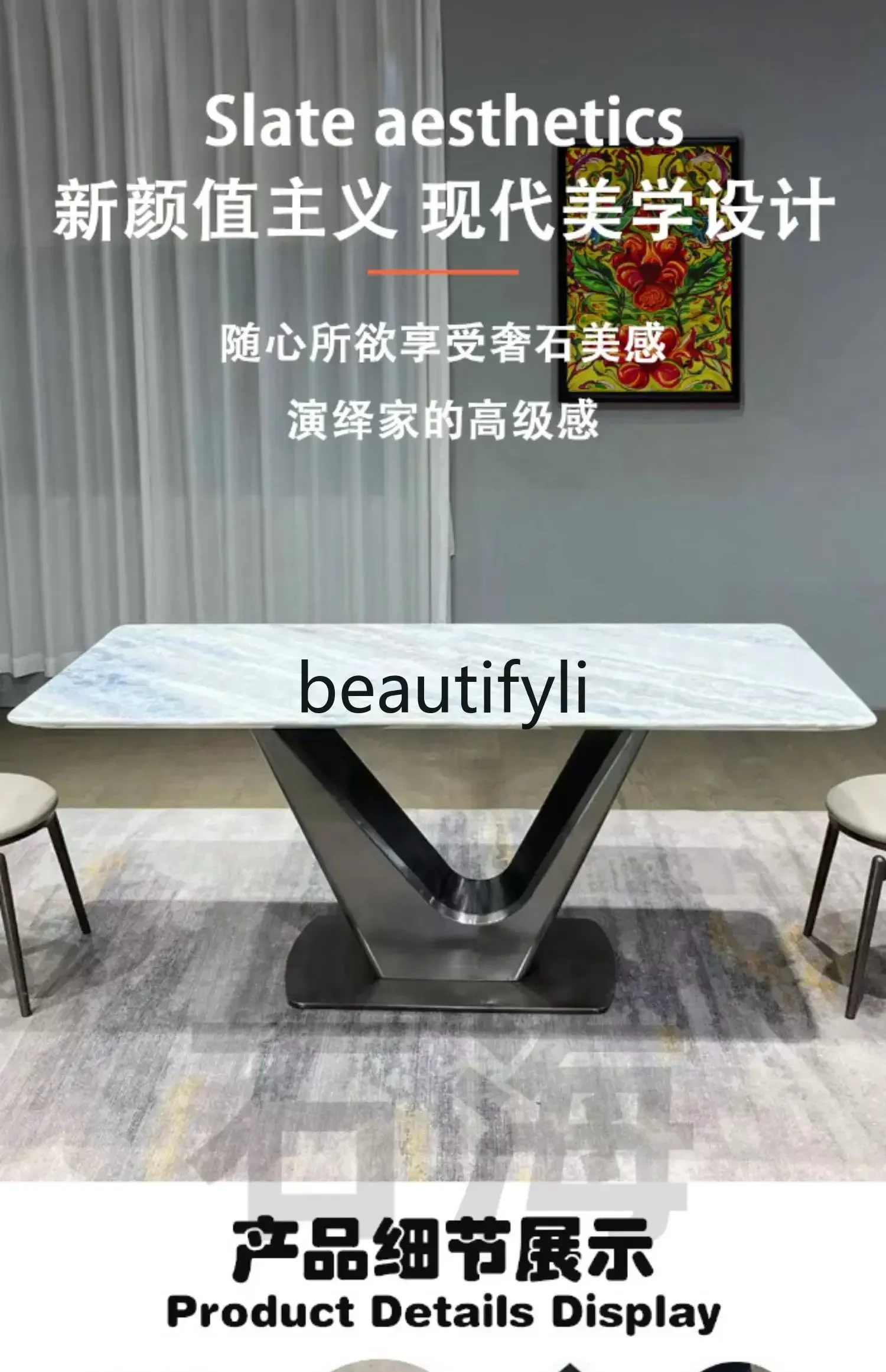 

Pure natural marble blue crystal luxury stone dining table Italian simple rectangular light luxury living roomQQQ