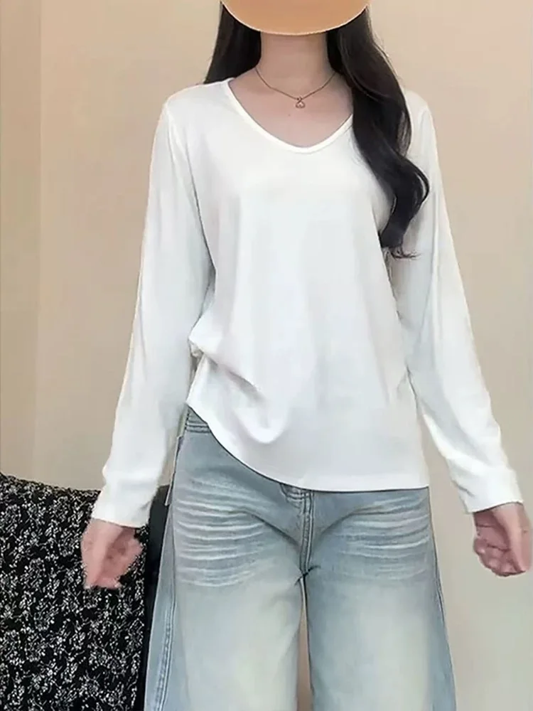 

Свободная хлопковая футболка Long Sve V-Ne, женская базовая футболка больших размеров, повседневный удобный крой, удобный топ для путешествий