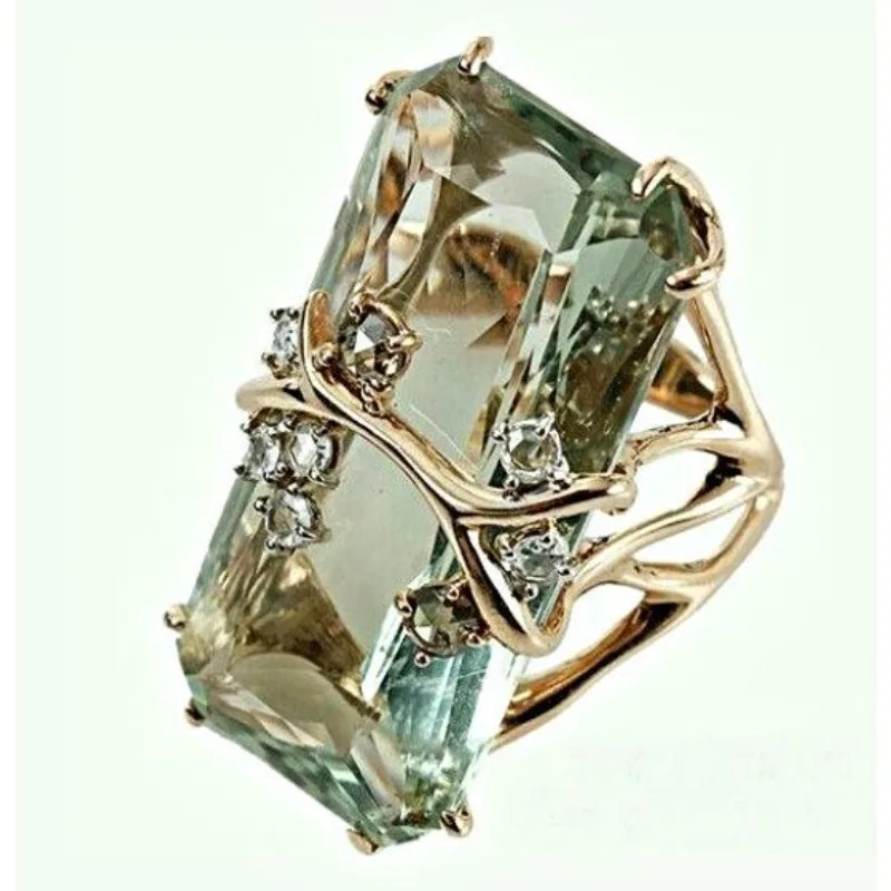 Vintage Inlaid Green CZ Women's Ring Classic Gold Color Hand Carving Branch Daily Wear Party Jewelry Anniversary Gift
