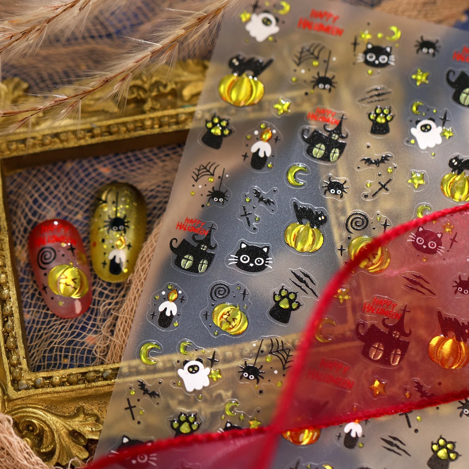 Schwarz-Gold Retro Schloss Kürbis Schwarze Katze Spinnennetz Halbmond Dunkle 5D Nagelaufkleber Selbstklebend Gotische Feiertags-Maniküre