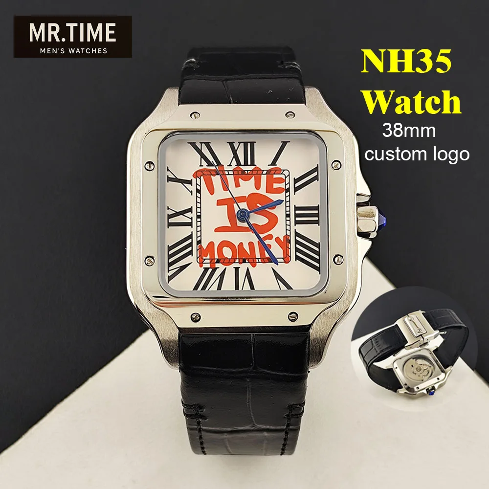 2026 New NH35 Watch Time is Money Watch 38mm Watch Men's Leather Watch Customized Logo NH35 Movement Watch