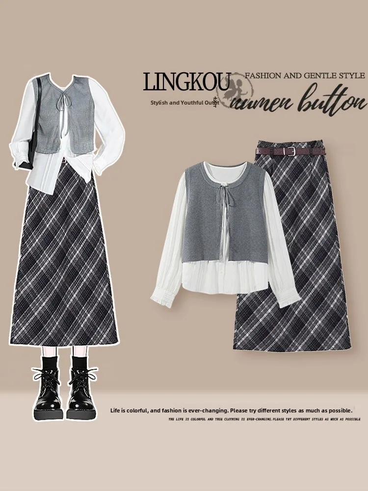 

Fashionable plus Size Autumn Set Women's Long Sleeve High Waist Plaid Skirt Two-Piece Suit Breathable Casual Wear for Ad...