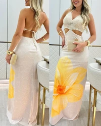 Halter Sleeveless Knit Bodycon Dress Hollow-out Backless Maxi Dress sexy elegant dresses for women new fashion 2025 summer