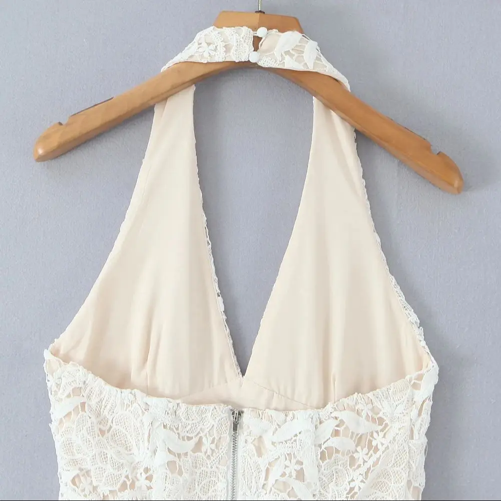 Sukienka damska 2025, seksowna, beżowa, haftowana, ażurowa, koronkowa, z dekoltem w serek, typu halter, dopasowana, z niskim stanem, marszczona, rozkloszowana, balowa, krótka, sukienka, szlafrok.