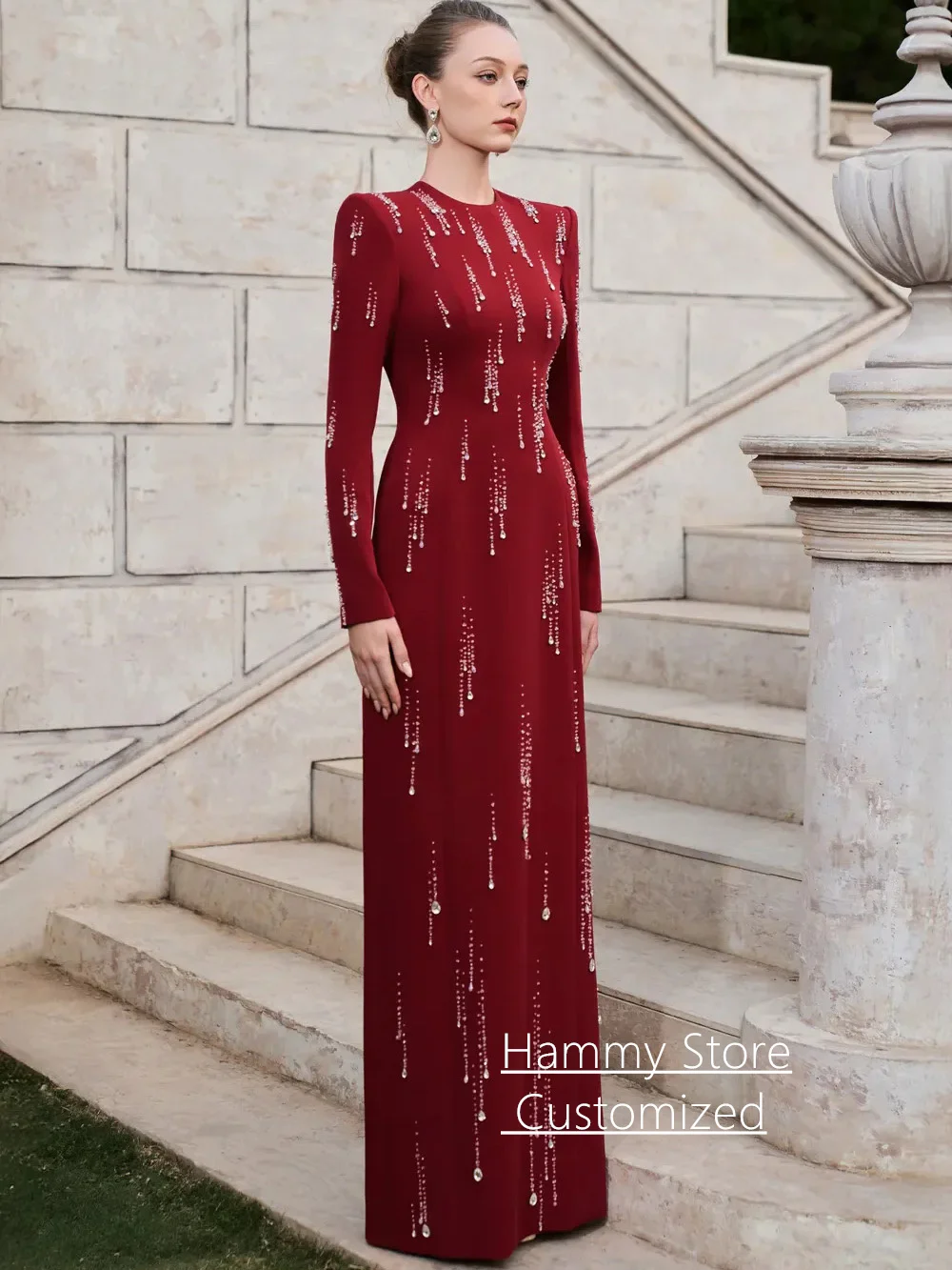 ชุดราตรีแบบเรียบง่ายสไตล์อาหรับ คอทรงกลม แขนยาว ประดับลูกปัด ผ่าหลังตรง ชุดออกงาน ชุดพรอม