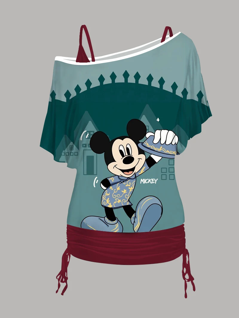 Disney top t-shirt una spalla manica minigonna abbigliamento donna Mickey Minnie Mouse Dress due pezzi girocollo Sexy donna