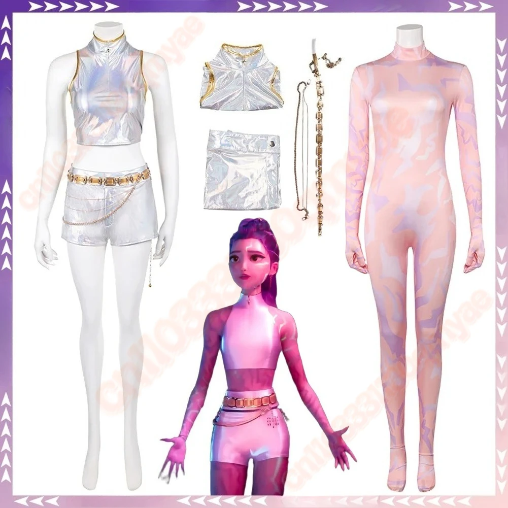 

2025 Cartoon Costume Demon Hunter of KPop Rumi Cosplay Fantasy White Singing Suit Clothing Disguise Adult Women Roleplay Outfits